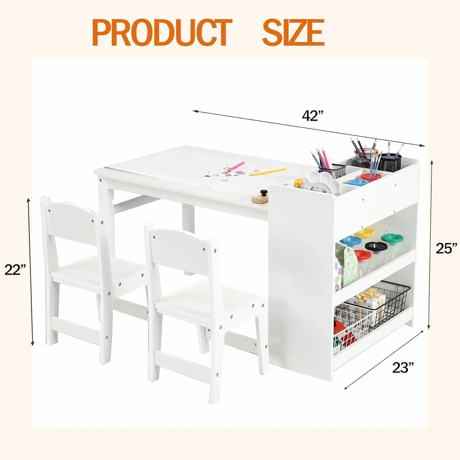 Kids Art Table with 2 Chairs, Toddler Craft Play Wood Activity Desk with Large Storage Shelves for Children&