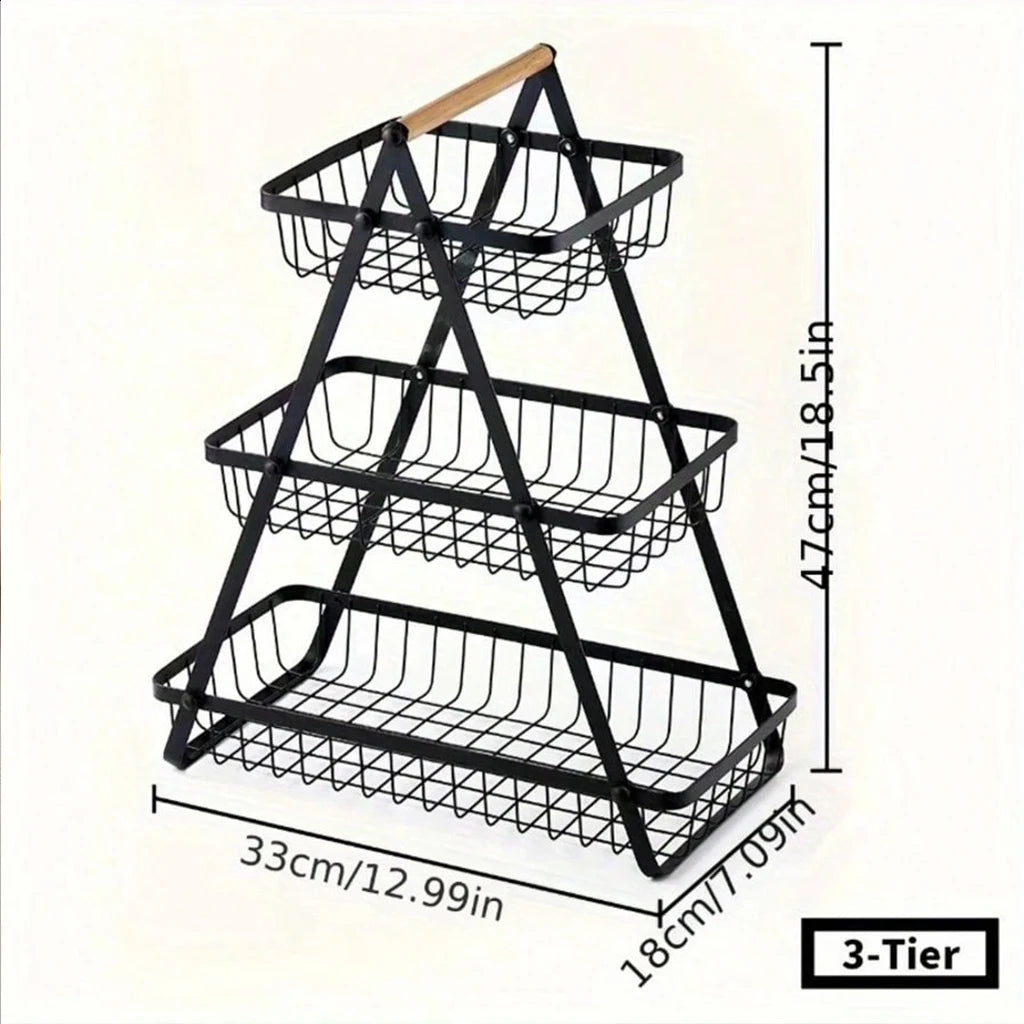 3-Tier Foldable Metal Fruit & Vegetable Storage Rack with Wooden Handle - Kitchen Countertop Organizer Basket for Bread, Produce, Pantry Organization