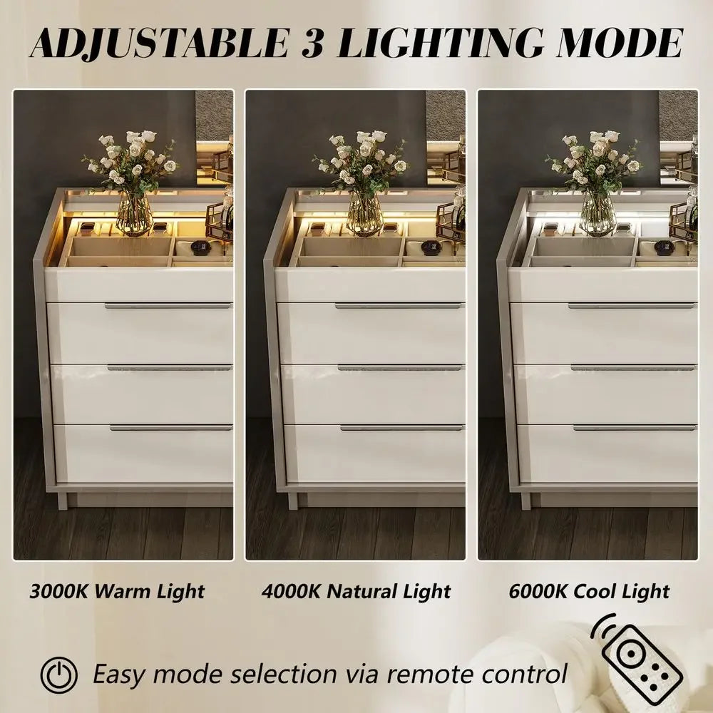 High Gloss 3 Piece Bedroom Furniture Set with 8 Drawer Dresser LED Light & 2 Nightstands Charging Station - Modern Storage