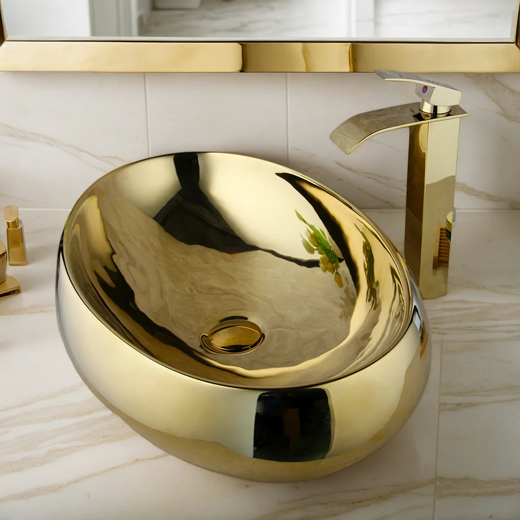 KEMAIDI 23 Inch Bathroom Vessel Sink Gold Ceramic Sink Bowl w/ Waterfall Faucet and Drain Combo Modern Vessel Sink Above Counter