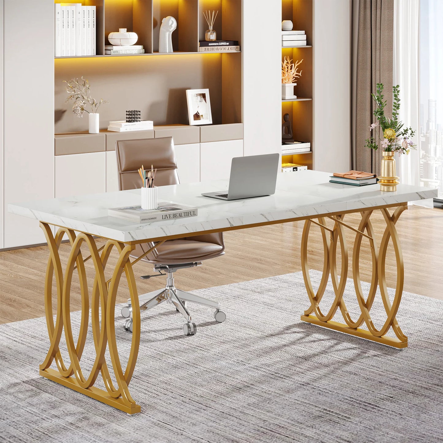 Tribesigns Modern Office Desk, 70.9" Wooden Computer Desk,Executive Desk with Gold Metal Legs, Large Workstation Home Office