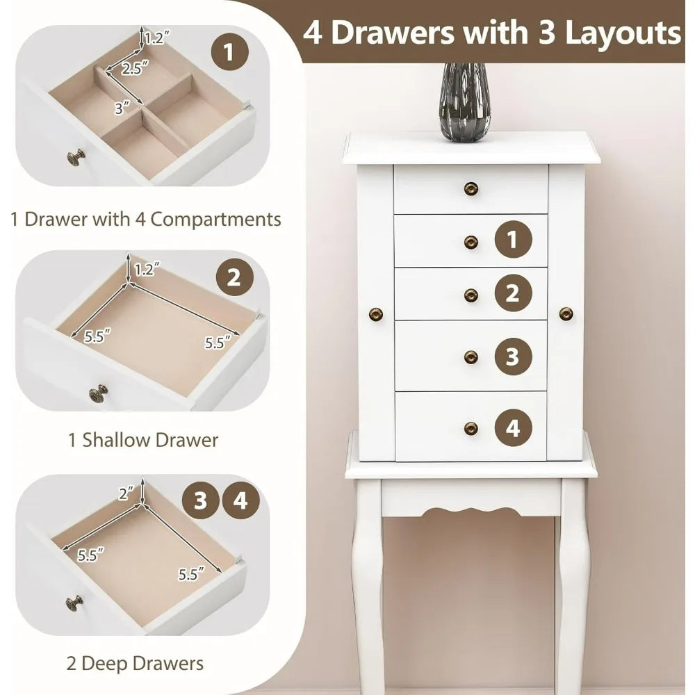 White Standing Jewelry Armoire Cabinet with 4 Drawers Flip Top Mirror Top Compartments 2 Side Doors 8 Necklace Hooks Freestandin