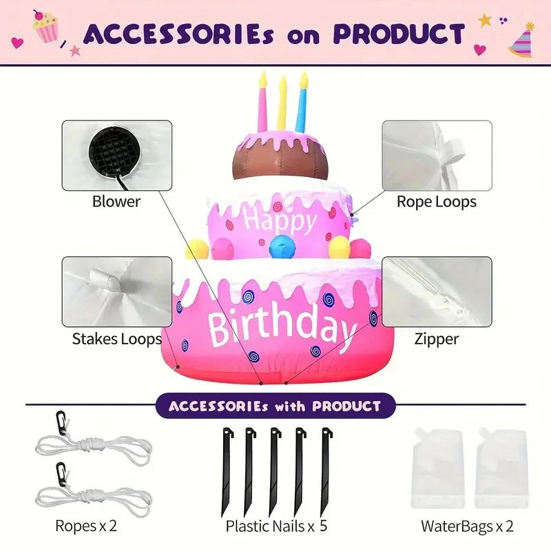 Inflatable Birthday Cake Outdoor Decorations with Candles LED Lighted Blow Up Happy Birthday Party Toys Home Garden Decorations