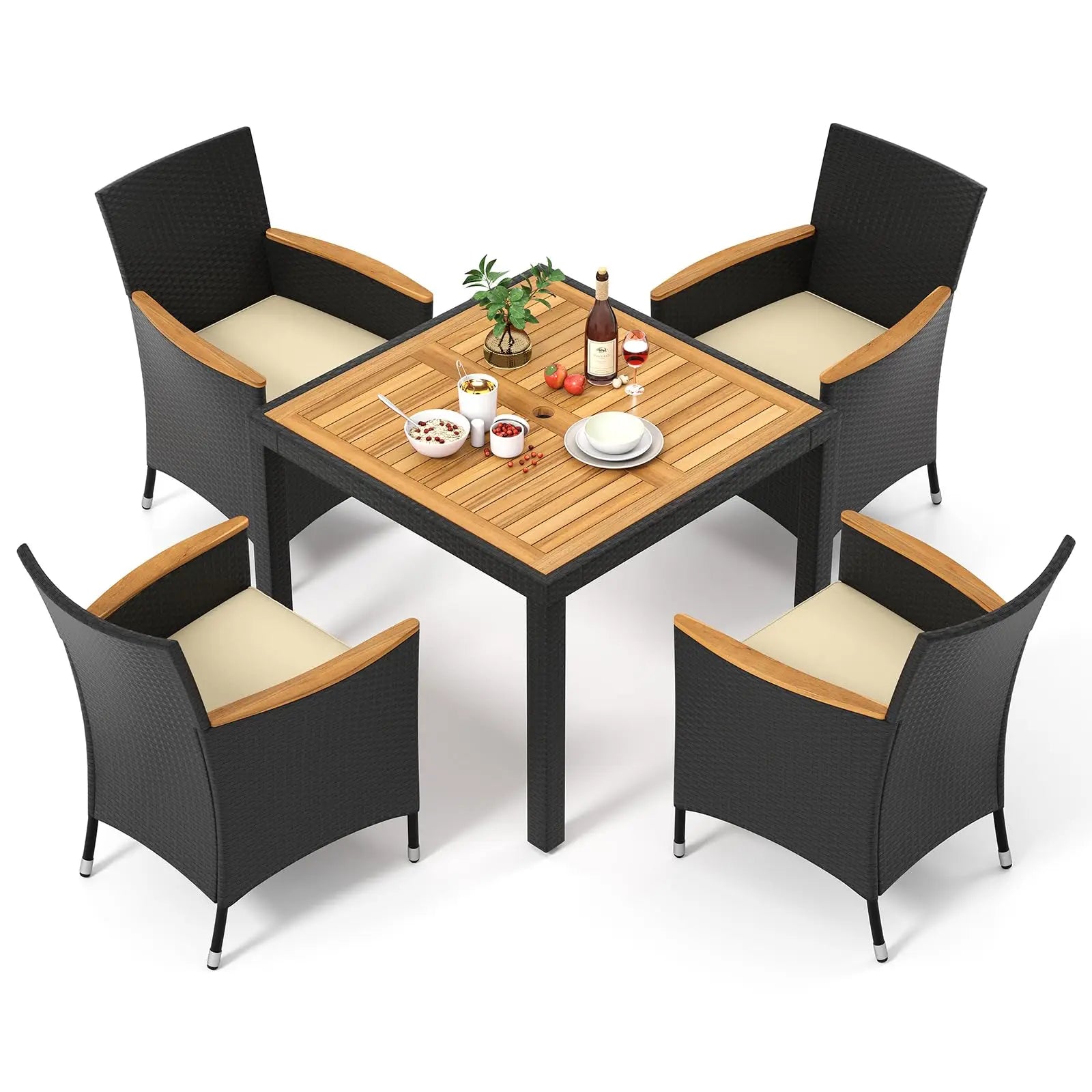 5 Pieces Rattan Outdoor Dining Set for 4,Outdoor Acacia Wood Table Set with 4Cushioned Wicker Chairs,Patio Dining Furniture Sets