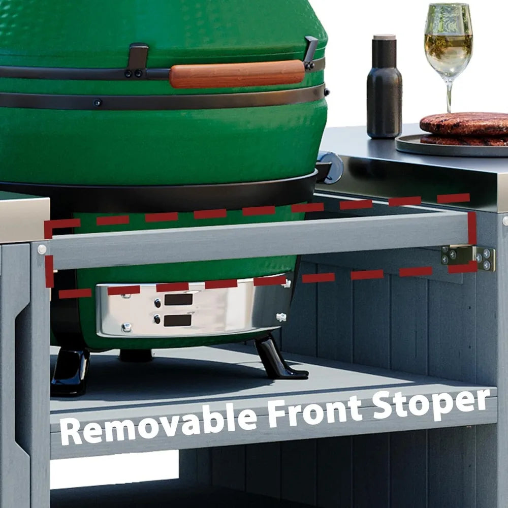 Outdoor Kitchen Island for Big Green Egg Grills, 66.5" Solid Wood Outdoor Grill Table with Stainless Steel Top, Rolling Kitchen
