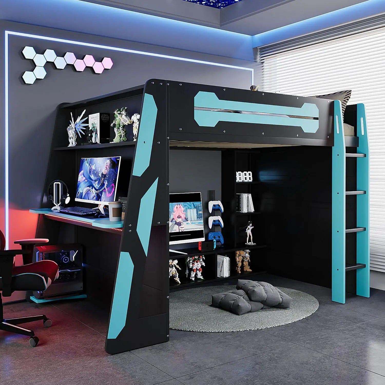 Full Wood Gaming Loft Bed Desk Storage Shelves LED Charging Station Kids Bedroom No Box Spring, Customized