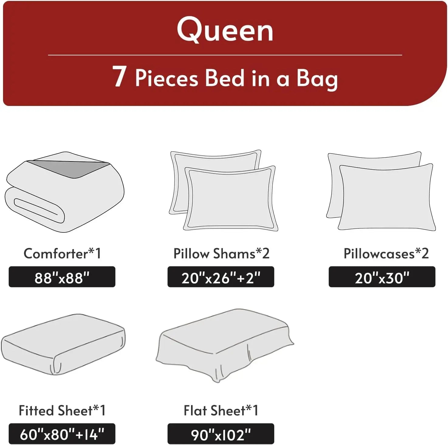Queen Size Reversible Comforter Set, 7-Piece All Season Bedding with Sheets & Pillowcases in Red & Black