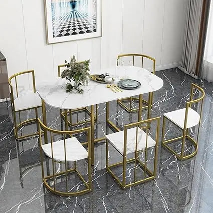 metal 7 piece kitchen dining table set with chairs for saving space metal dining room table set for 6 persons, golden white