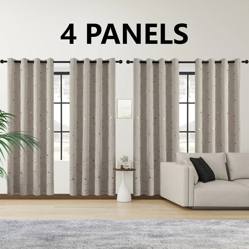 4PCSBlackout Curtains Grommet Thermal Insulated Room Darkening With Circle And Dots Foil Printed For Bedroom