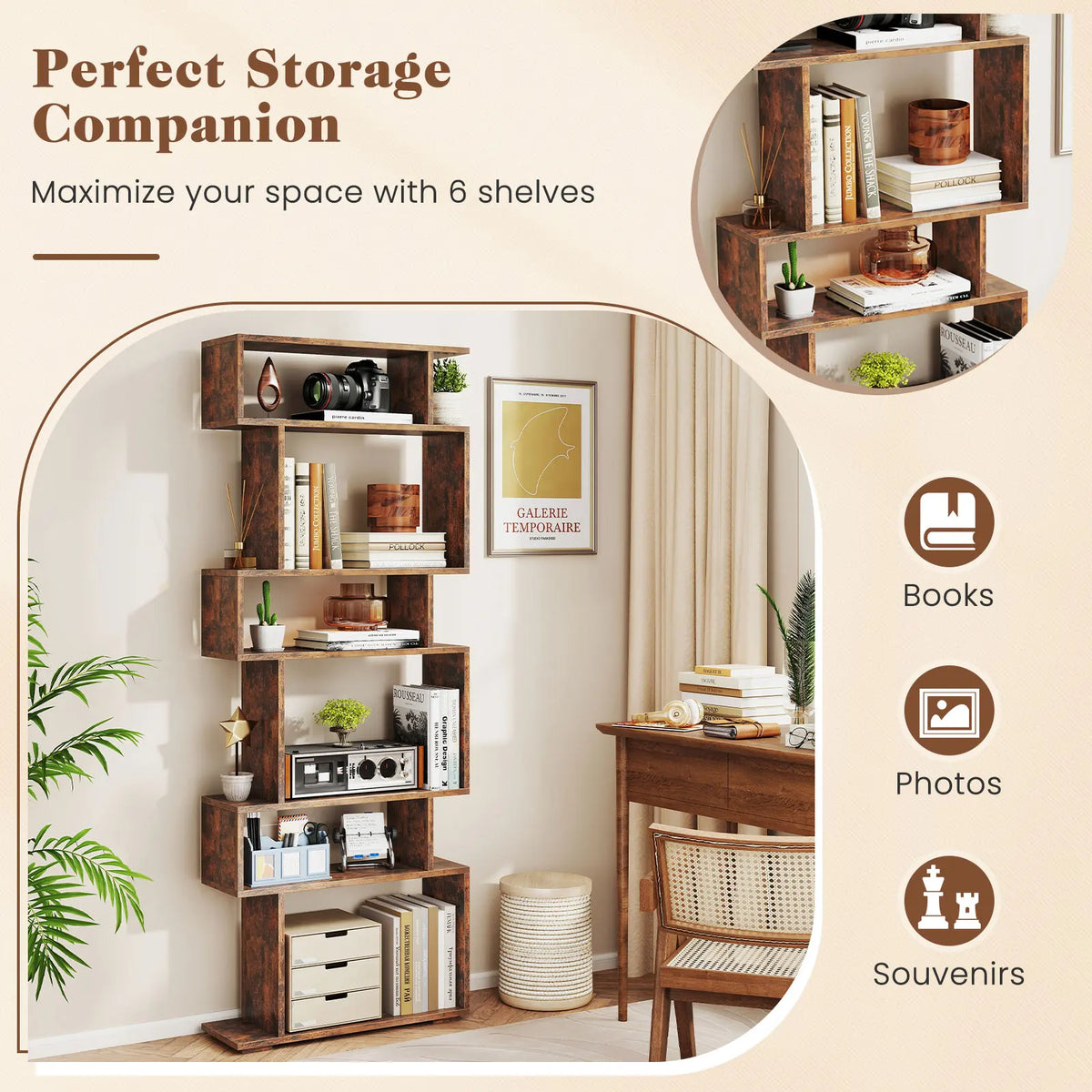 HOMASIS S-Shaped Geometric Storage Bookshelf Bookcase With Anti-Tip Safety Kit