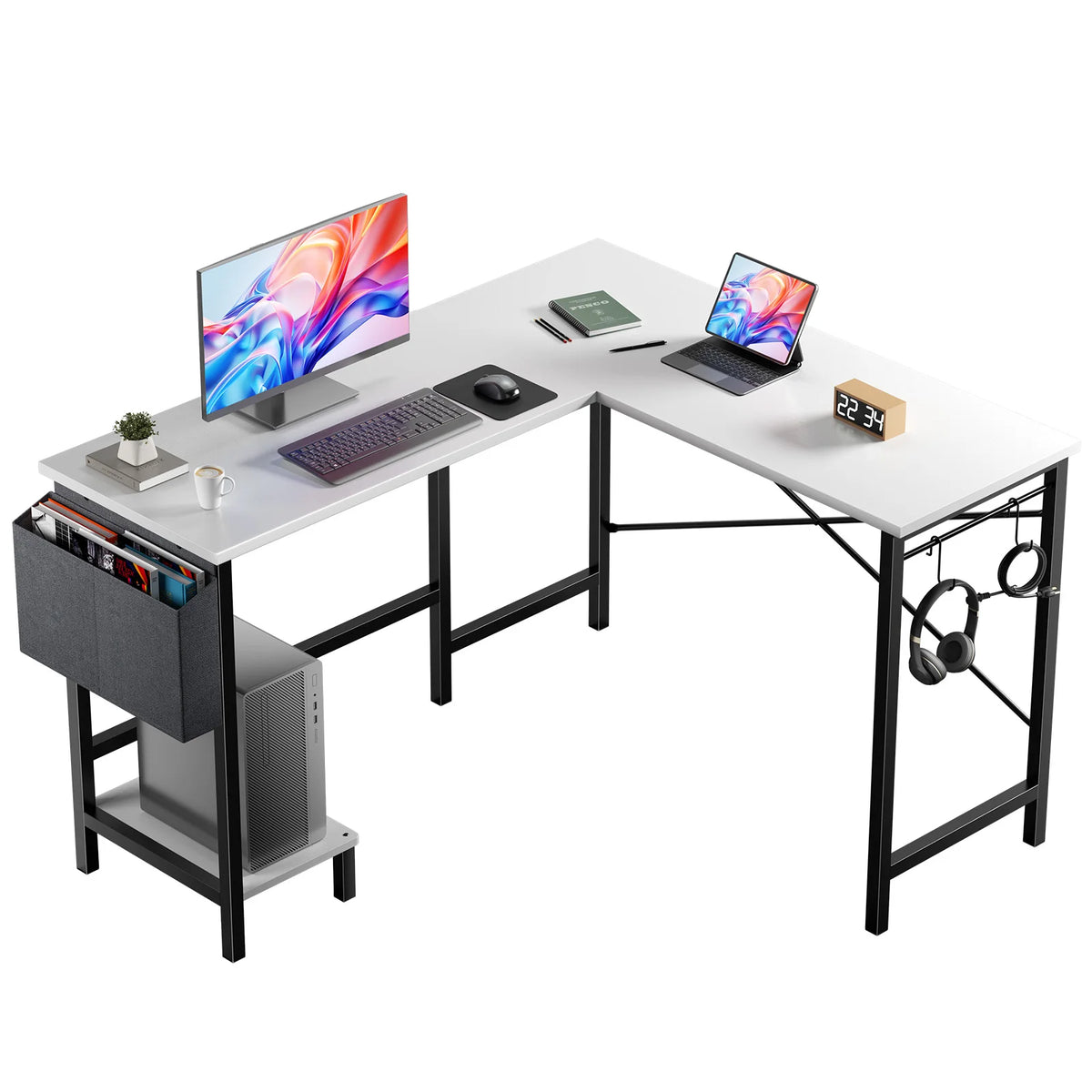 MCQ L Shaped Computer Desk with Storage and Side Hook