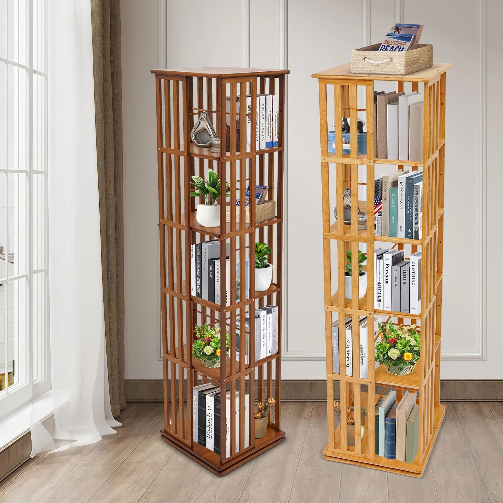 5-Tier Bamboo Rotating Bookcase,Tan/Wood Color Rectangular Rotating Bookshelf Floor-Mounted 37*37*150cm for Study Rooms,Bedrooms