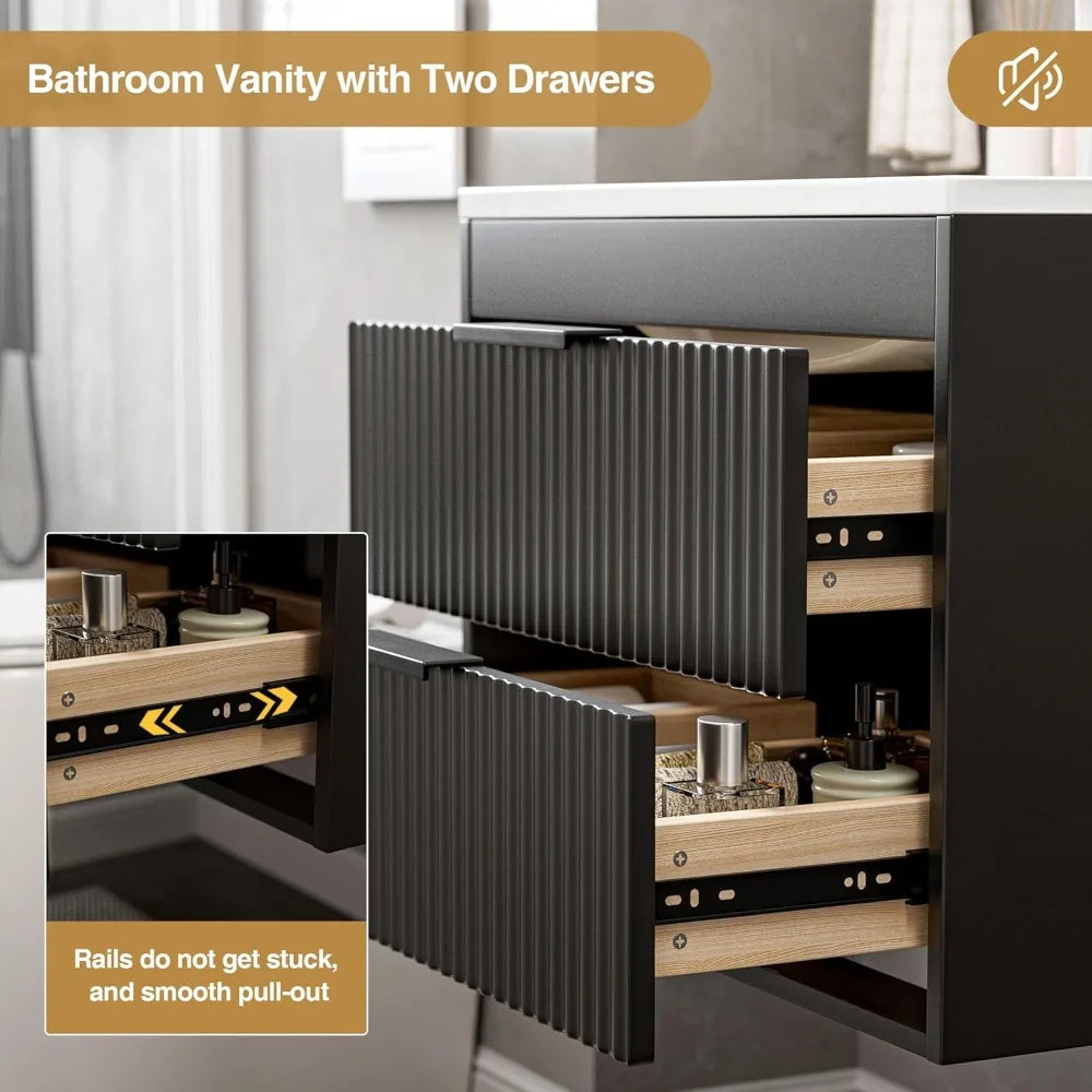 24" Modern Floating Bathroom Vanity with Sink, Double Drawers, Black Handles - White Resin Combo Set