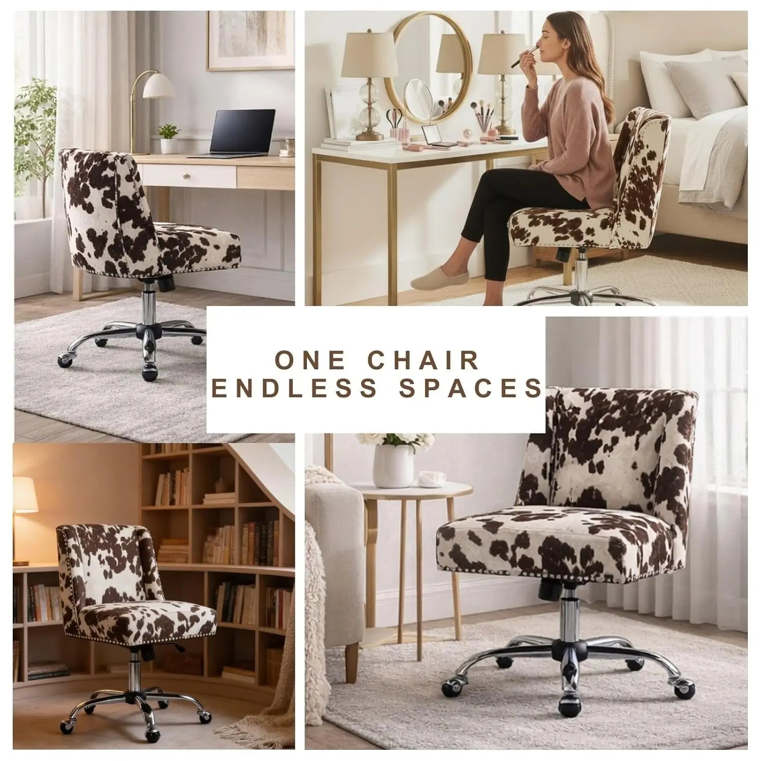 Cow Print Adjustable Swivel Fabric Office Chair Armless Upholstered Accent for Home Office Living Room Bedroom, Customized