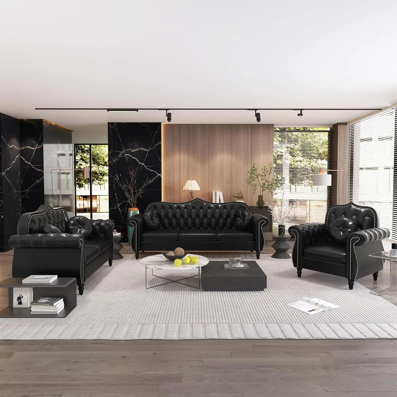 Black Mid-Century Modern 2-Seater Loveseat with Deep Button Tufting and Throw Pillows