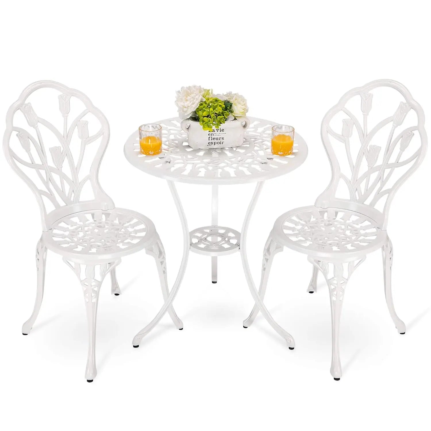 3pc Cast Aluminum Bistro Set, Rose Pattern Outdoor Garden Balcony, Rust & All-Weather Resistant, White, Customized