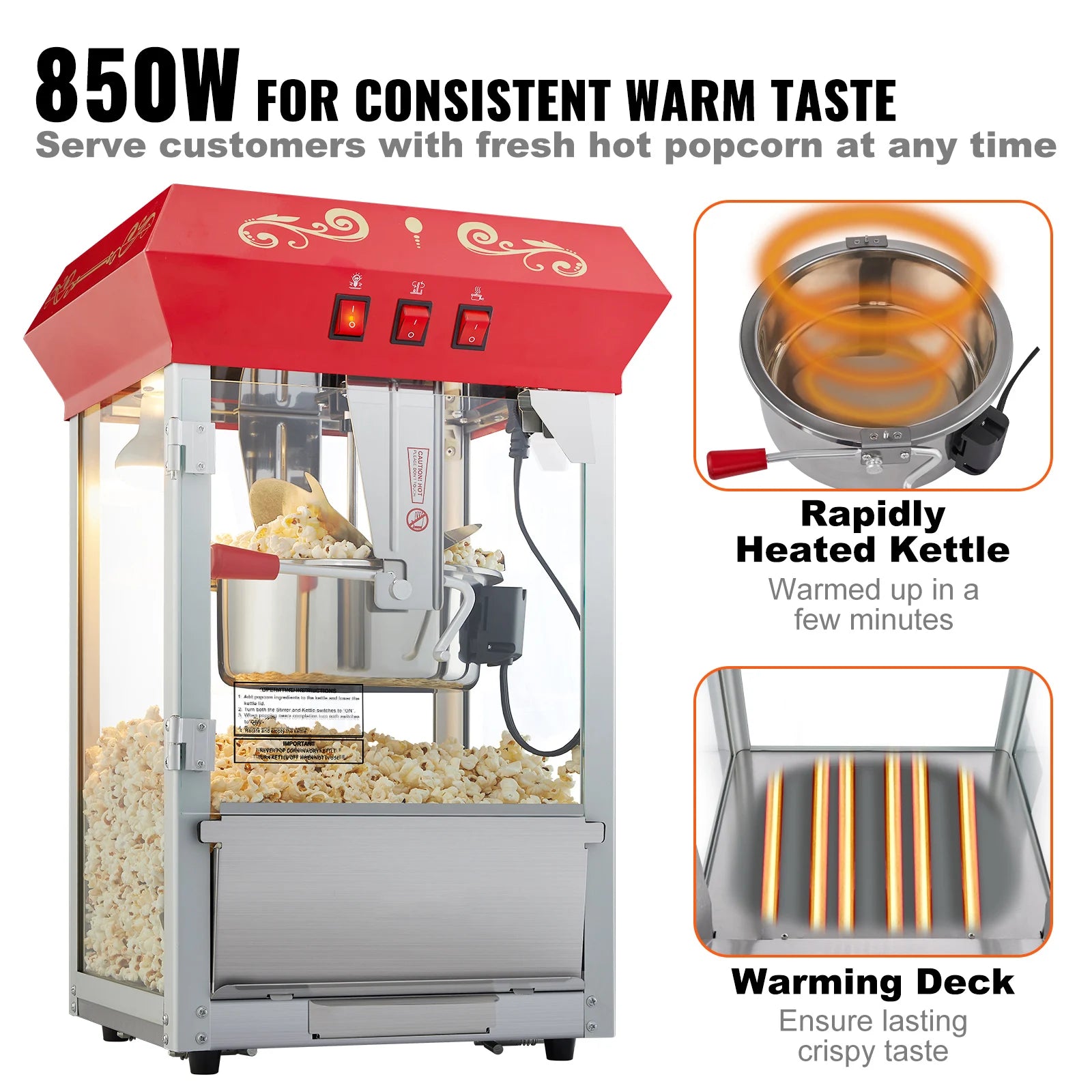 SucceBuy 8/12Oz Electric Popcorn Maker Commercial Popper Machine Automatic Corn Cookware with Scoop Spoon SUS304 Heating Tube
