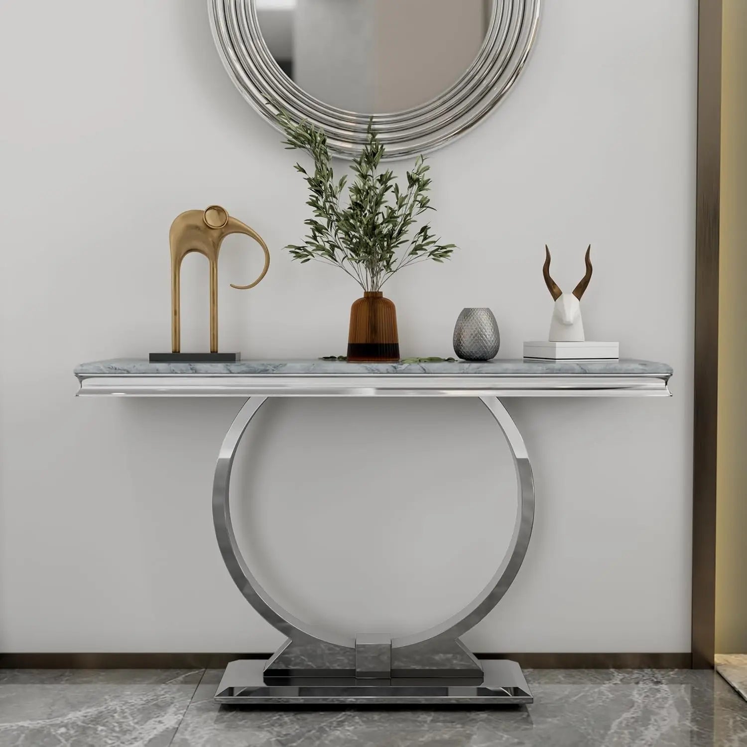 Gold Console Table, 50 Inch Glam White and Gold Entryway Table with U-Shaped Base, Polished Gold Entrance Table, Customized