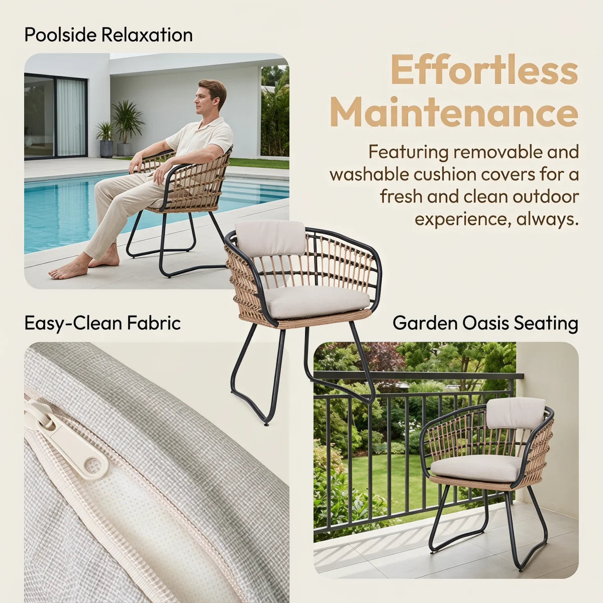 Outdoor Wicker Dining Chairs Set of 2, Patio Dining Chairs with Cushions, Rattan Dining Armchairs for Lawn, Garden, Poolside, Backyard, Porch, Beige RR