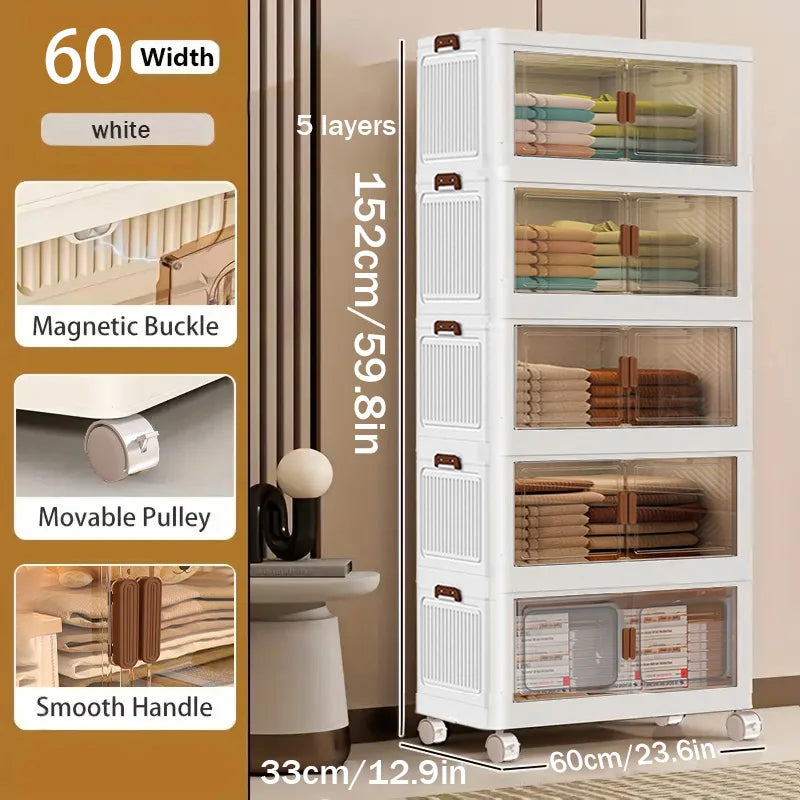 60cm 2/3/4/5 Layers Foldable Storage Cabinet with Wheels for Home Kitchen Bedroom Living Room Clothes Toy Shoes Storage Box