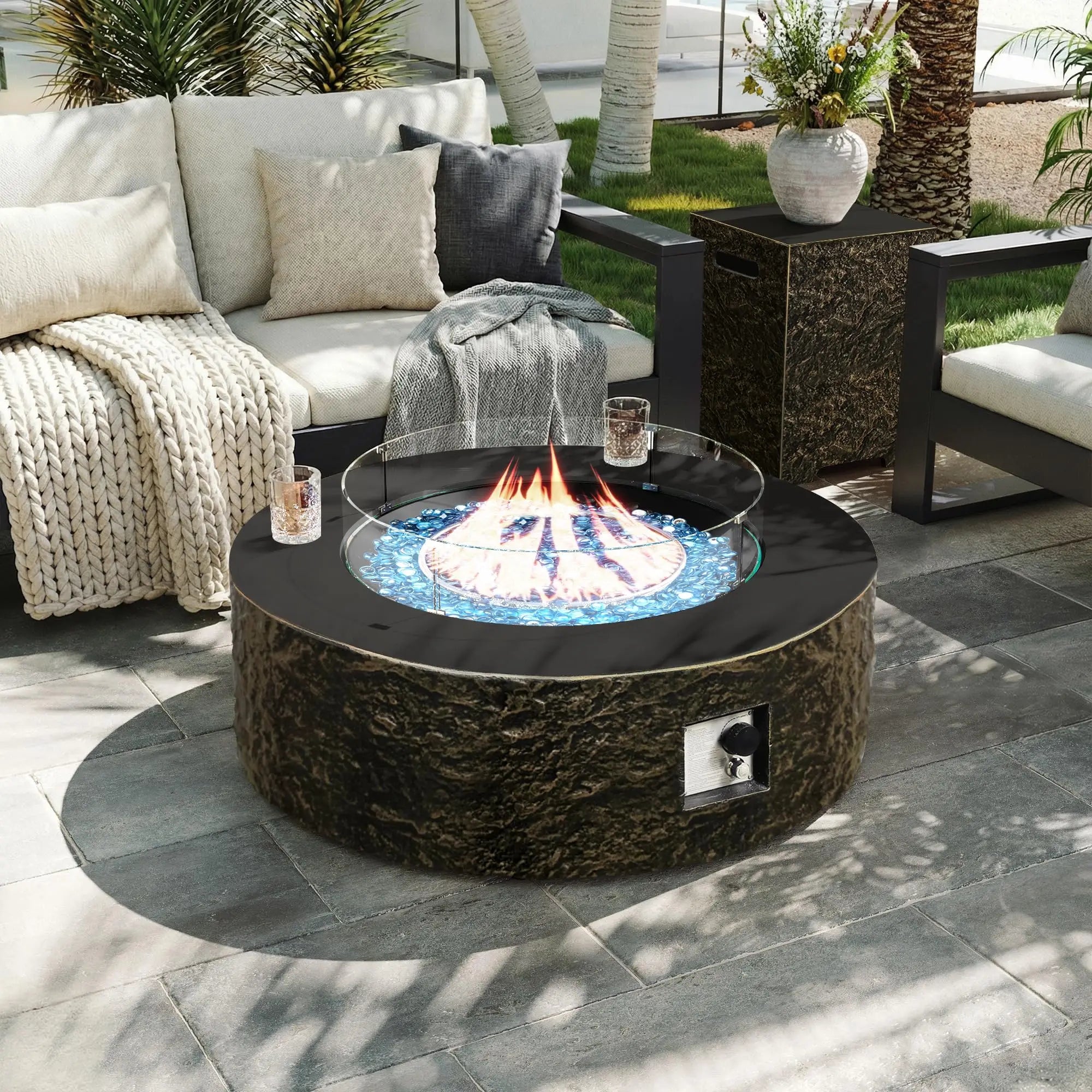 42-inch Outdoor Propane Gas Fire Pit Table 50000 BTU Concrete Round FirePit for Outside Patio with Propane Tank Cover, Wind Guad