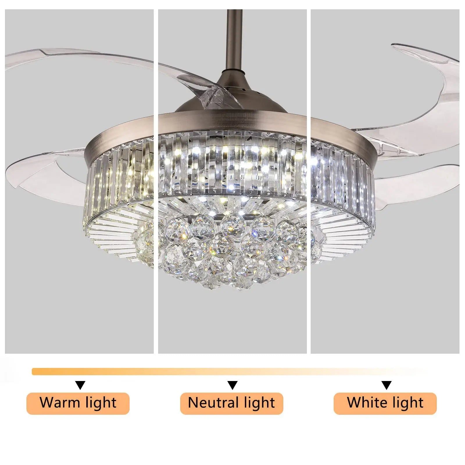 Oukaning Modern Dimmable Crystal Ceiling Fan with Lights Remote Invisible Retractable Chandelier Fandelier Light Led Lighting-Po