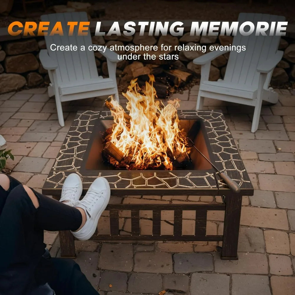 Outdoor Metal Fire Pit Table with Waterproof Cover for Patios