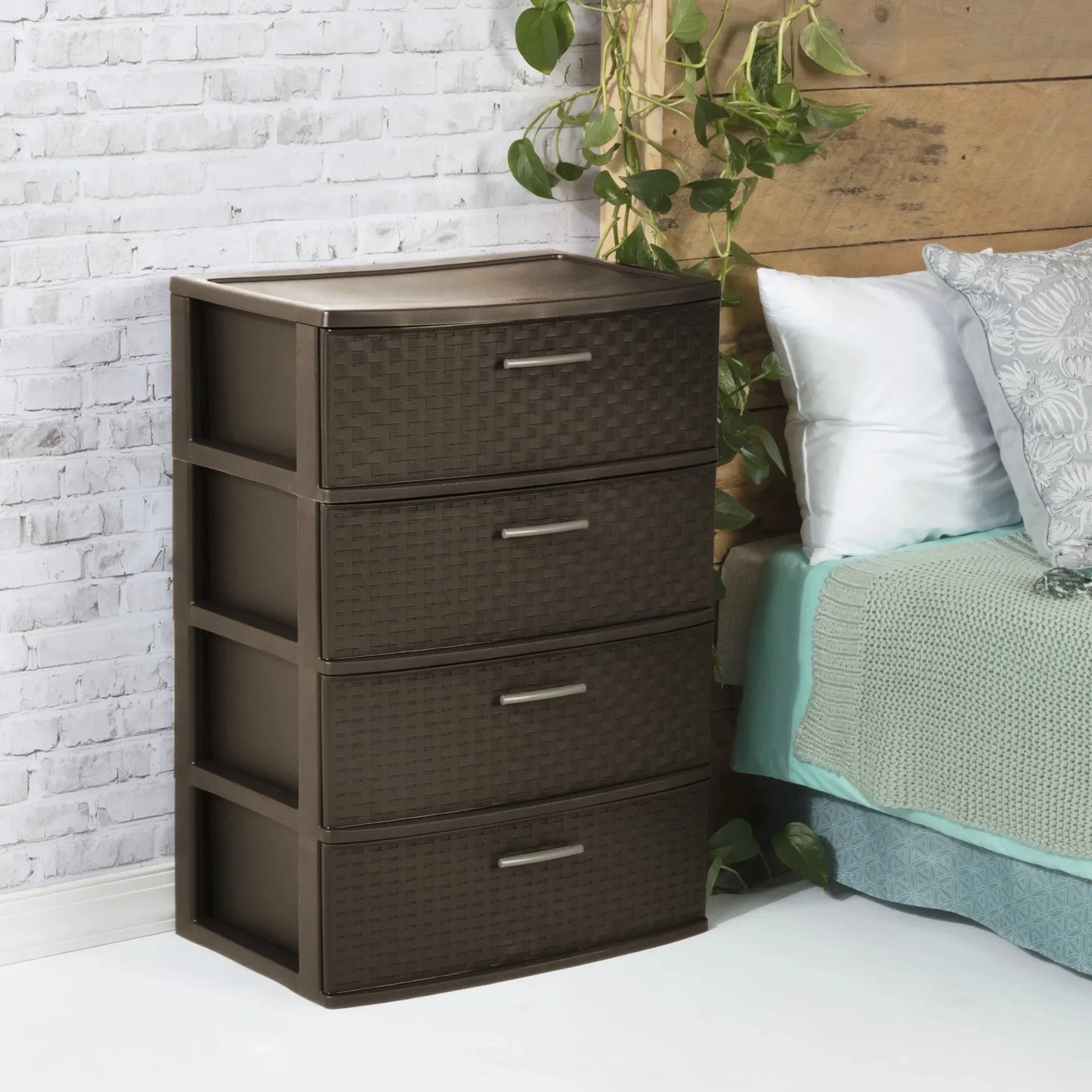 Wide Weave 4 Drawer Plastic Storage Tower For Closet Office