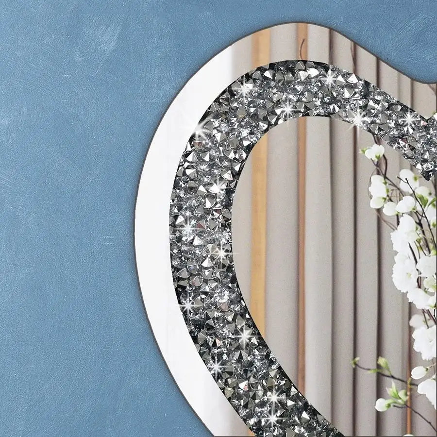 Crystal Crush Diamond Heart Shaped Silver Mirror for Wall Decoration 20x20x1 inch Wall Hang Frameless Mirror Acrylic Diamond Dec