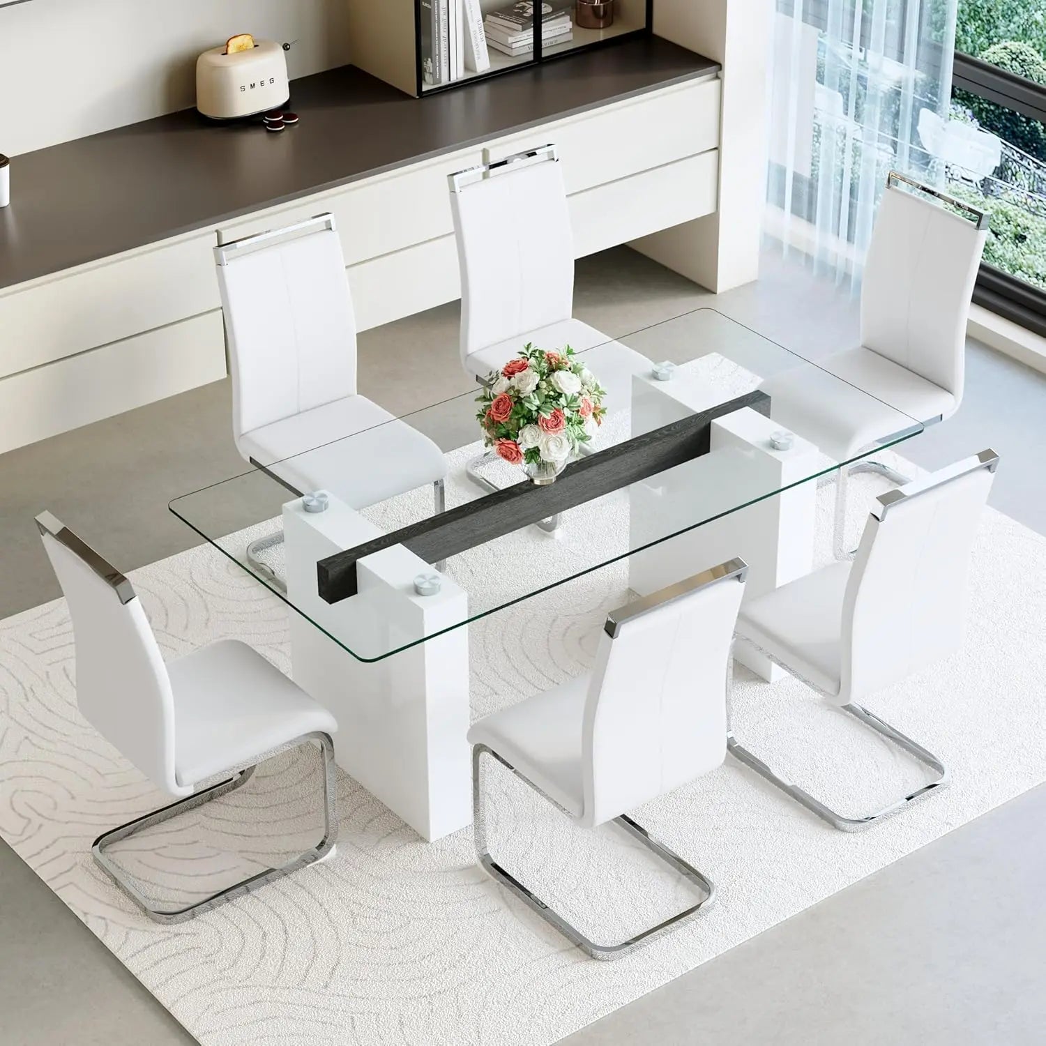 Glass Dining Table Set for 6, Modern Kitchen Table and Chairs for 6,71 in Glass Dining Table with 6 PU Leather, Customized