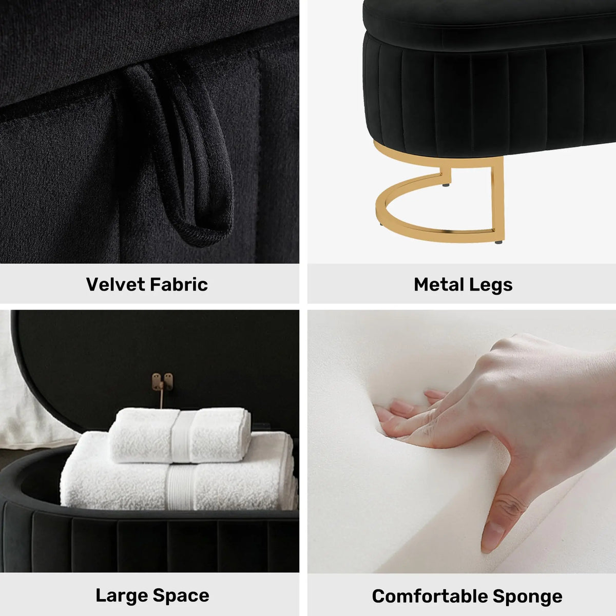 51in Velvet Tufted Storage Ottoman Bench with Flip-Top Lid and Gold Metal Legs