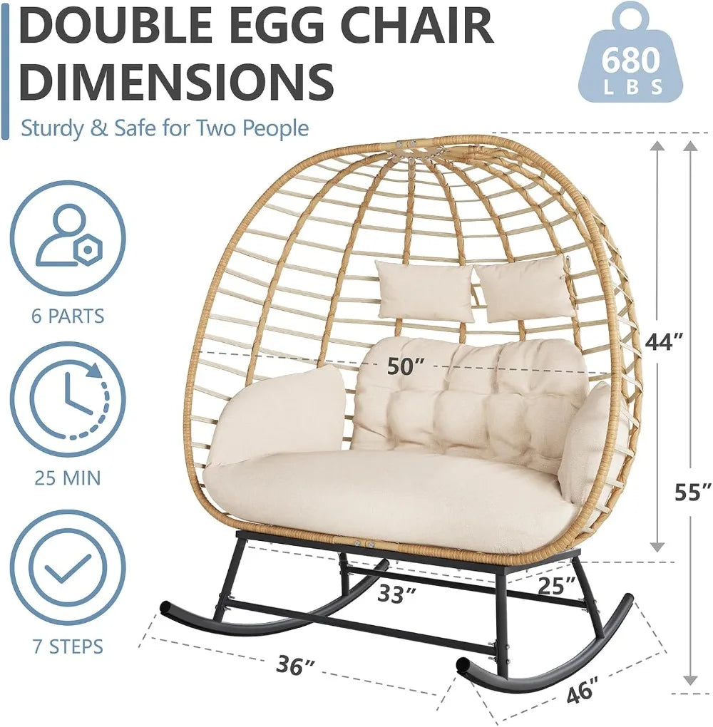 Double Egg Swing Chair Outdoor Indoor 2-Person Wicker Rocking Loveseat with Cushions, Patio Lounge for Balcony Backyard