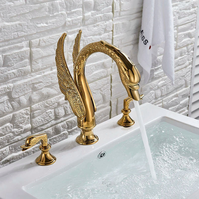 Luxurious Golden Bathroom Basin Faucet Brass Double Handle Hot Cold Sink Mixer Tap Swan Shape Basin Faucet Bathtub Mixers Crane