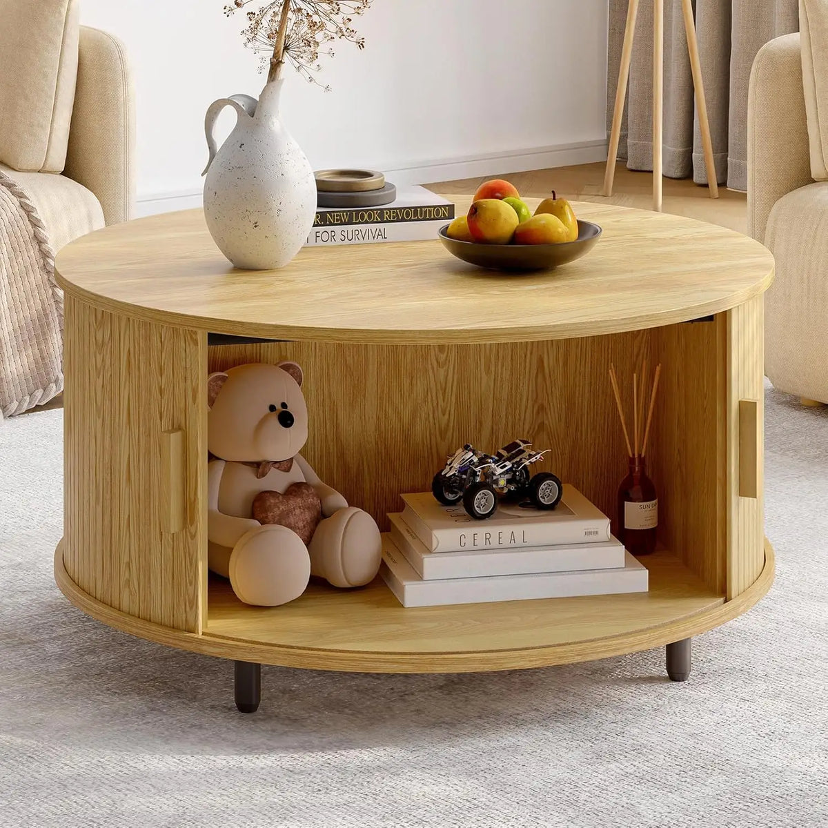 ONBRILL Modern Round Coffee Table With Storage And Sliding Door