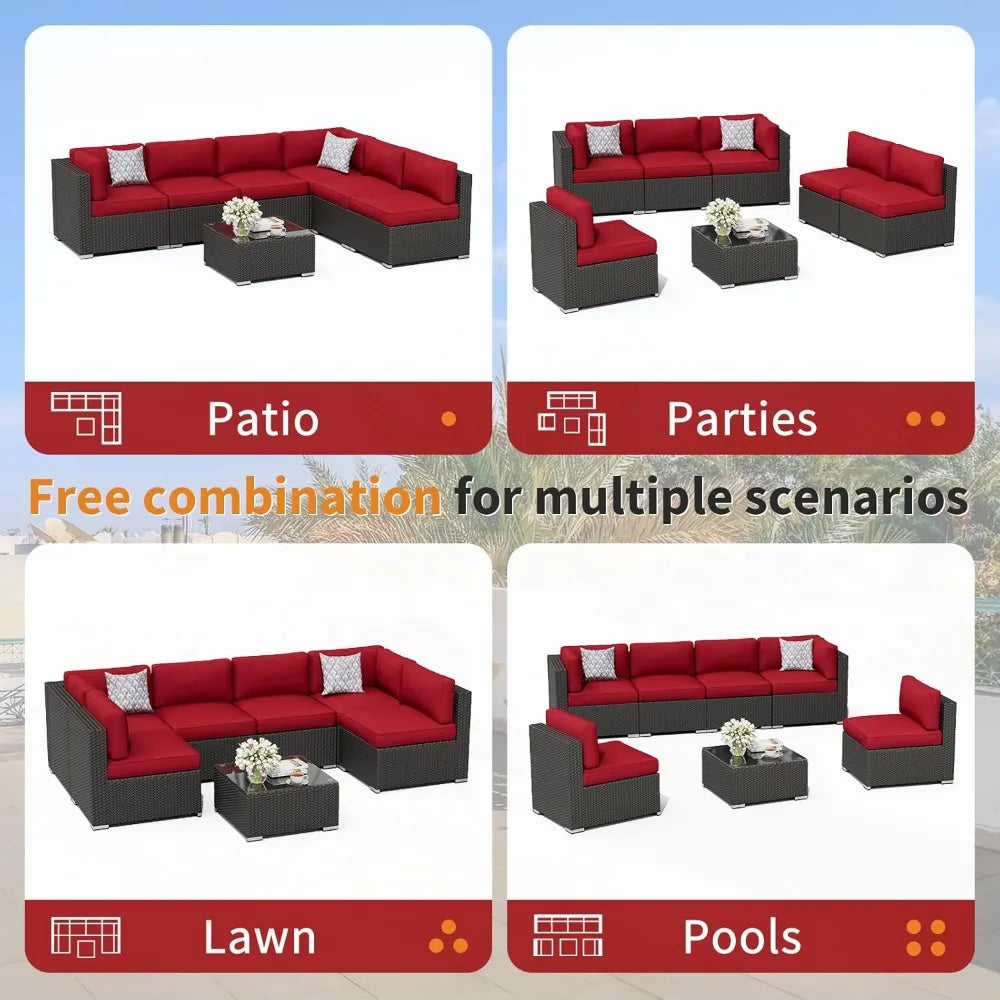 7-Piece Outdoor Patio Furniture Sofa Set Black Rattan Wicker Sectional Conversation Sets with Glass Top Table and Cushions(Red)