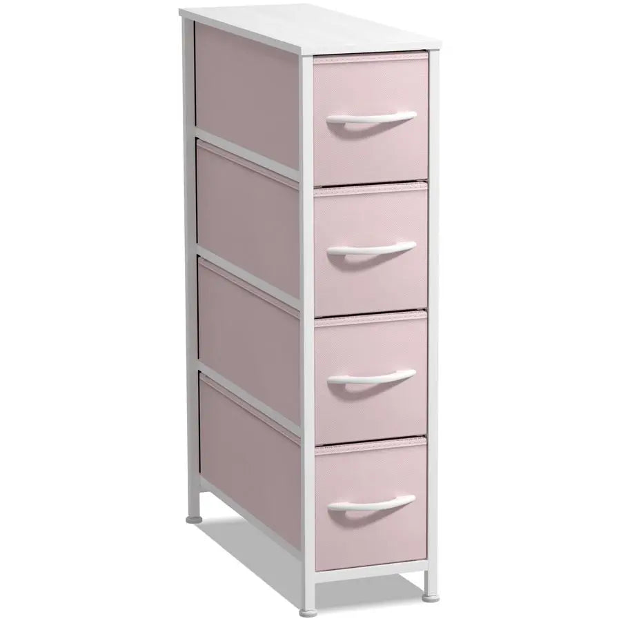 Kids Narrow Dresser with 4 Drawers Vertical Slim Storage Chest of Drawers with Steel Frame, Wood Top amp Easy Pull Fabric Bins f