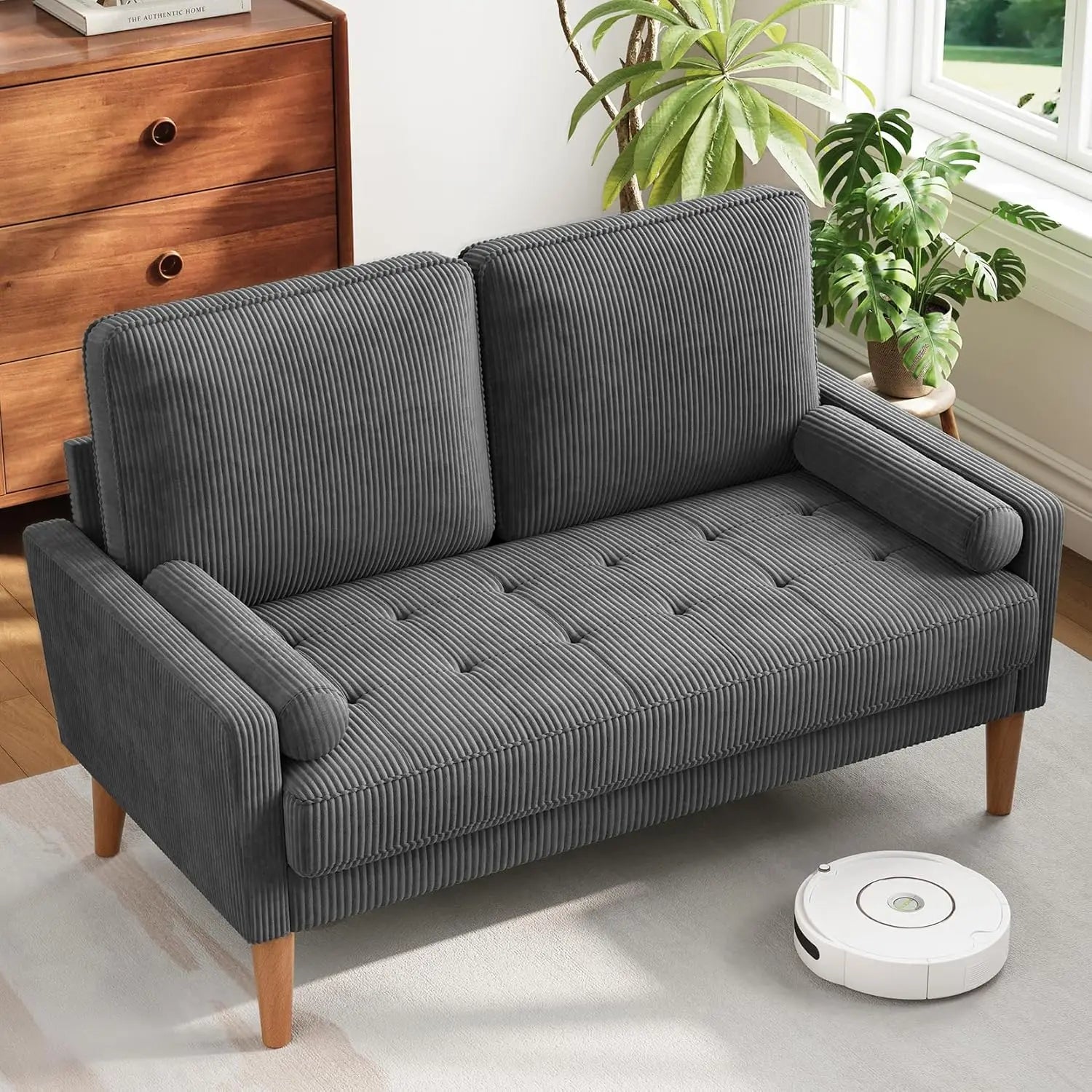 48 Inch Vesgantti Loveseat Sofa - Solid Wood Legs Mid Century Modern Easy Assembly Couch Throw Pillow Ashbeige for Apartment