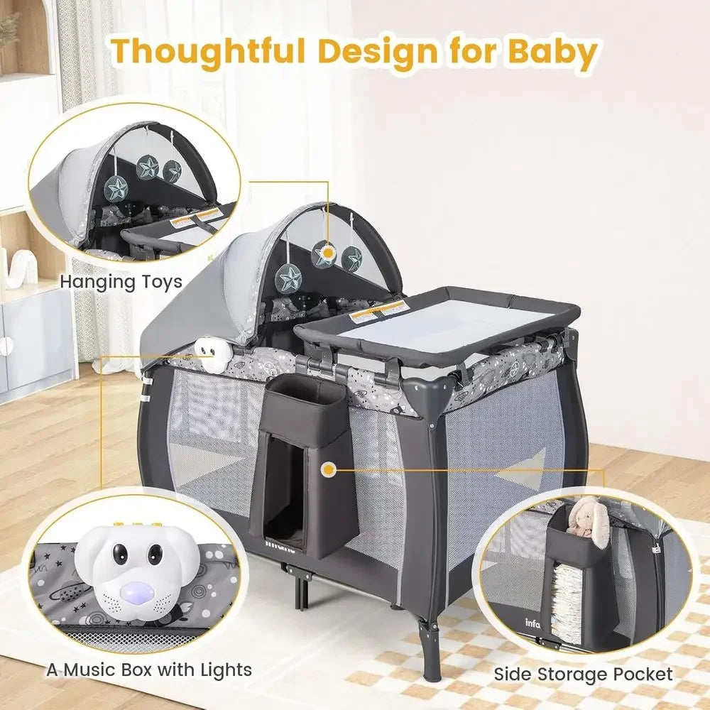 All-in-One Portable Baby Playard with Bassinet, Changing Station, Mosquito Net, Toys, Music, Storage for Toddlers - GreyTime-lim