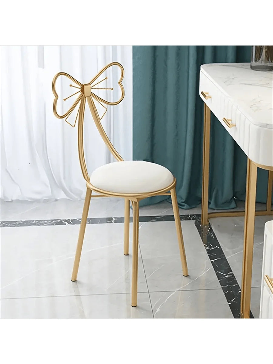 Makeup Vanity Girl Chairs Stool for Bedroom with Bow Knot Backrest,Side Table Seat Dressing Chair with Golden Metal Leg