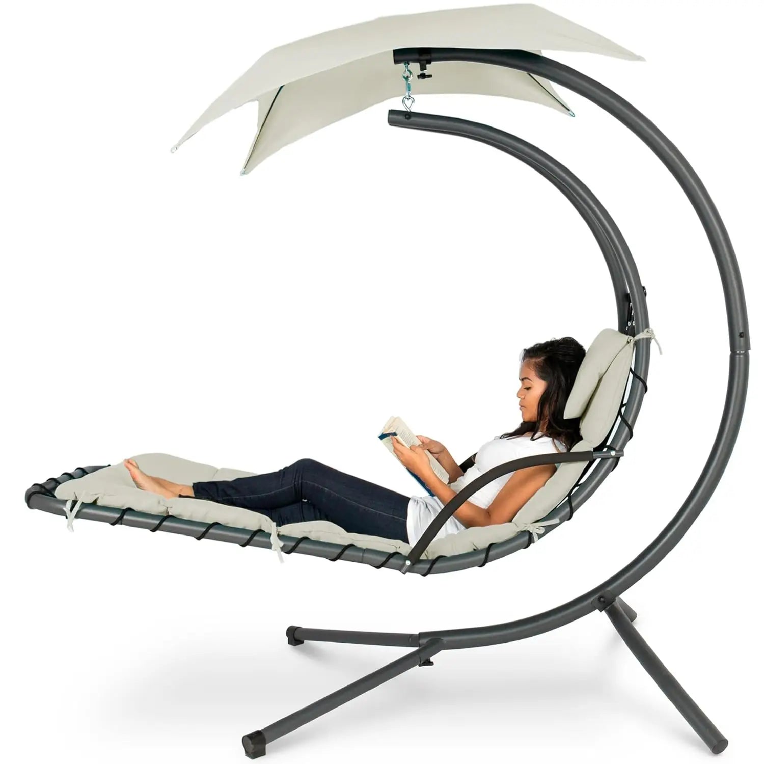 Outdoor Hanging Curved Steel Chaise Lounge Chair Swing w/Built-in Pillow and Removable Canopy - Peacock Blue, Customized