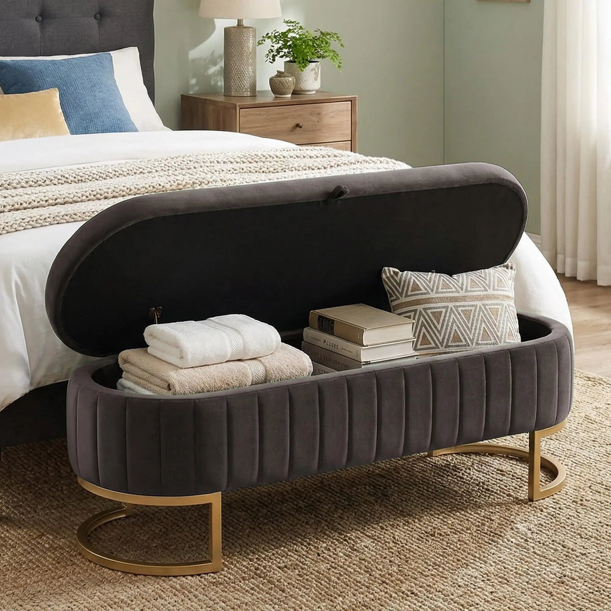 51in Velvet Tufted Storage Ottoman Bench with Flip-Top Lid and Gold Metal Legs