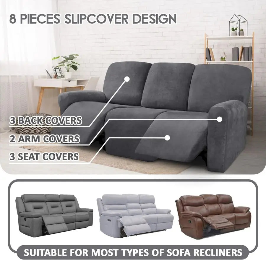Velvet 8Pieces Recliner Sofa Covers Stretch Reclining Couch Covers for 3 Cushion Reclining Sofa Slipcovers Furniture Covers Thic