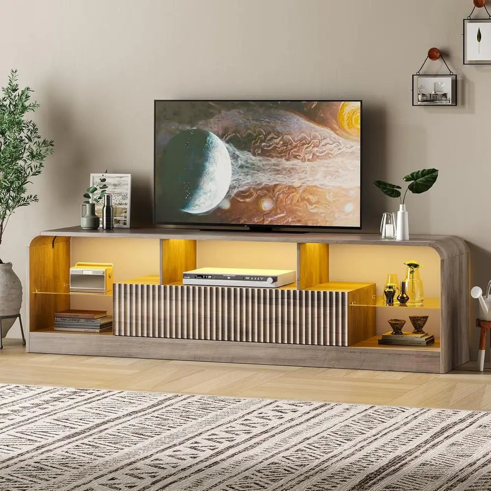 TV Stand or 60/65/70 Inch TVs, ern Curved TV ole with LED Lights, 2 Ders & Glass Shelves, Living Room Entertainment Center