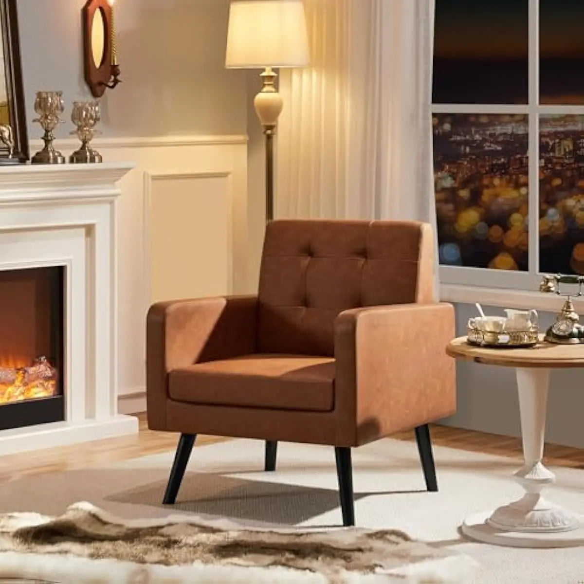Mid Century Modern Faux Leather Tufted Armchairs With Rubberwood Legs