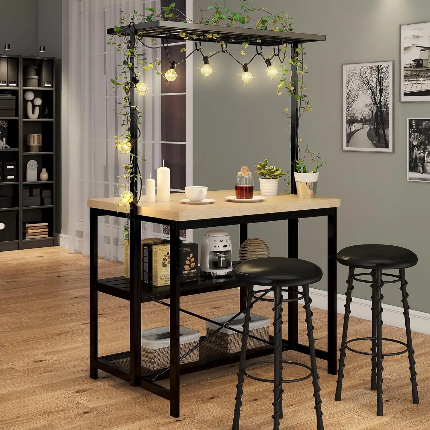 Kitchen Island with Storage, Bakers Rack with Power Outlet, Island Table for Kitchen,3 Tier Microwave Stand Oven Shelf Bar Table