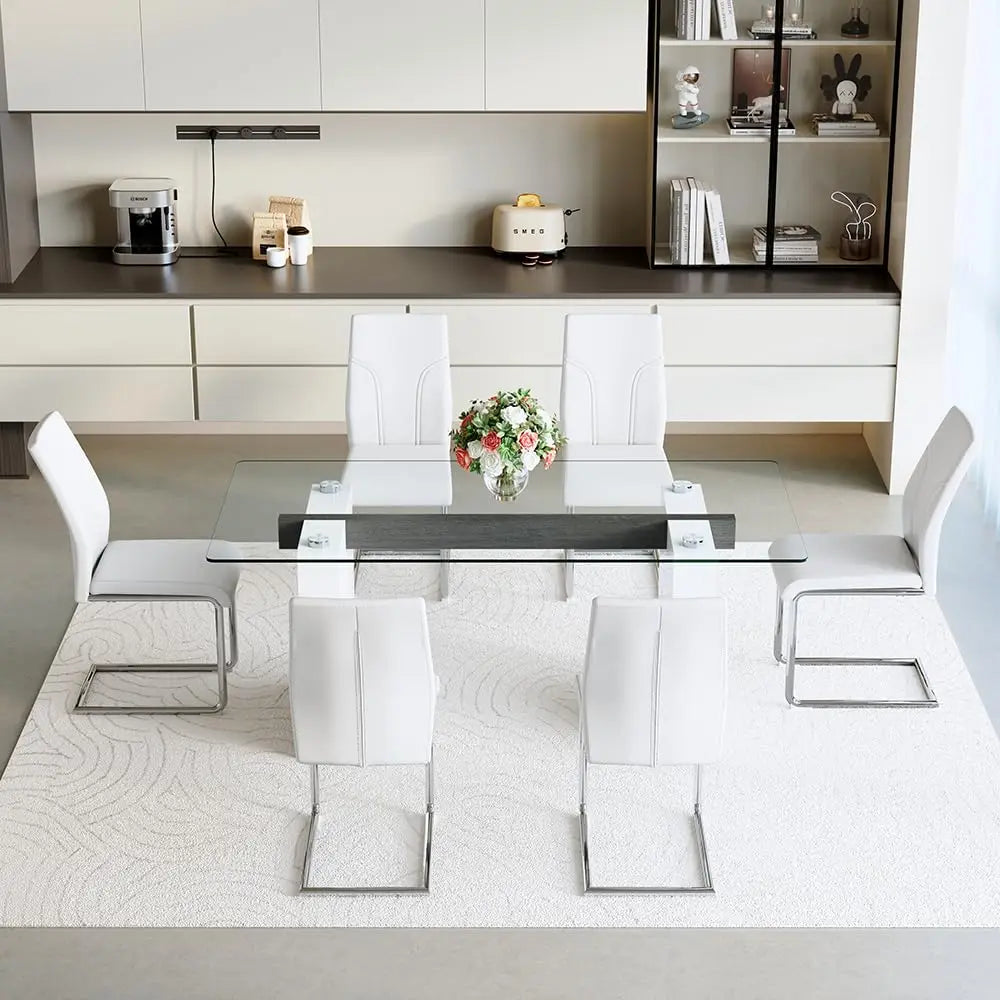 Glass Dining Table Set for 6, Modern Kitchen Table and Chairs for 6,71 in Glass Dining Table with 6 PU Leather, Customized