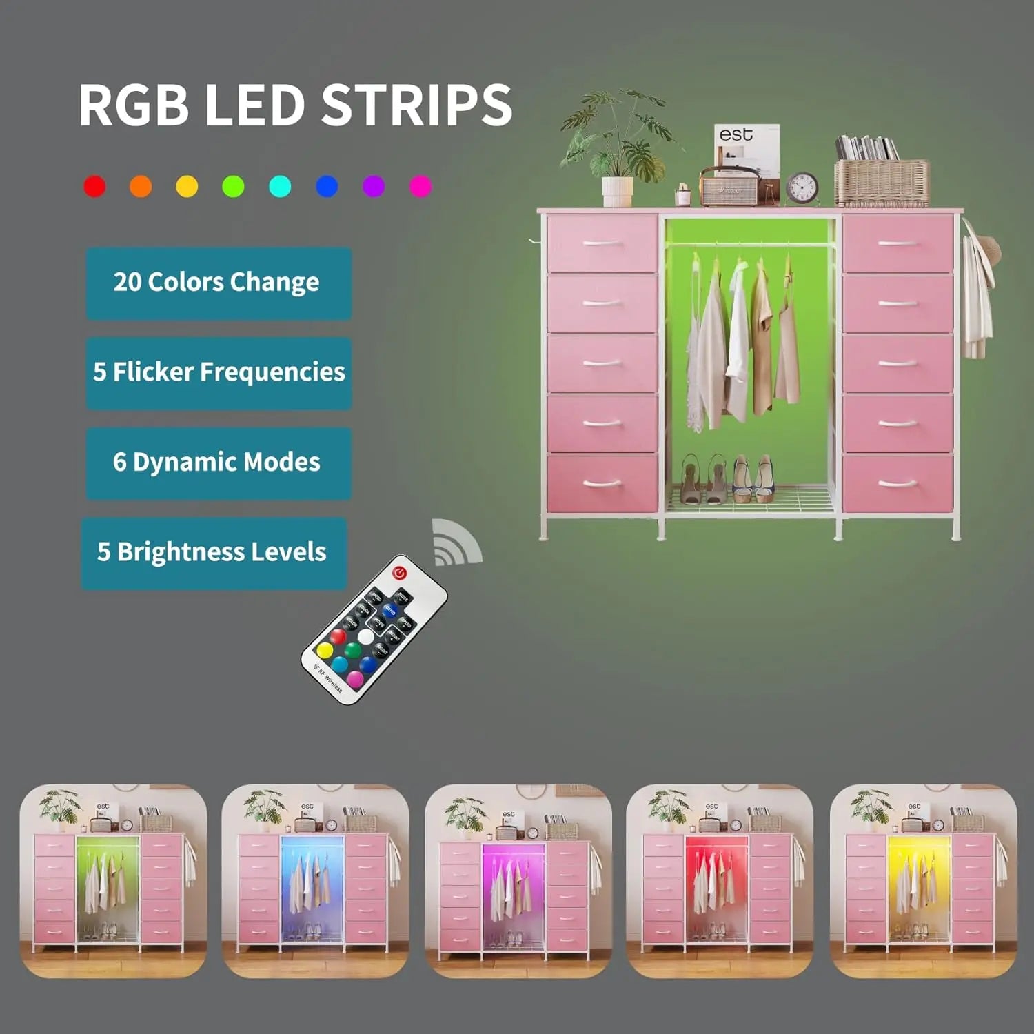 2-in-1 Dresser with Hanging Rack, 10 Drawers Dresser for Bedroom,Dressers with Fabric Drawers,LED Lights, Charging Station