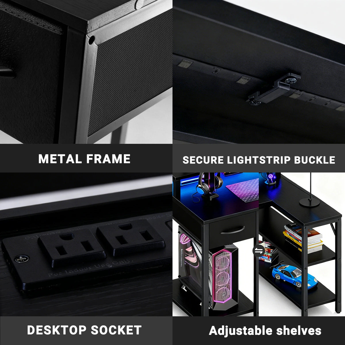 JHK L-Shaped Gaming Desk With USB And LED Lighting