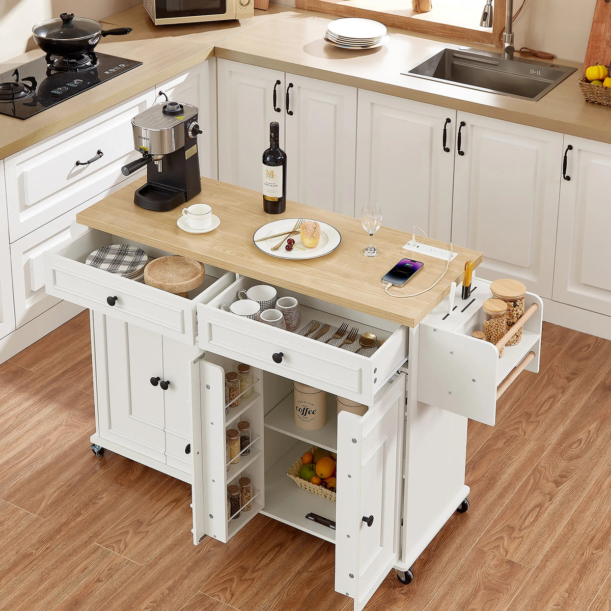 60" Mobile Kitchen Islands Rolling Trolleys Kitchen Island Table Drop Leaf Home Carts with Power Outlet Spice Towel Rack Trash