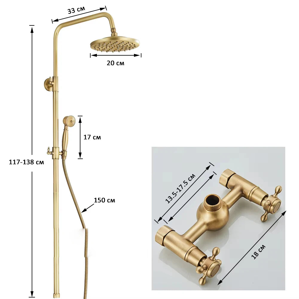 Antique Brass Shower Faucets Set Wall Mount Retro Shower Kit Dual Knobs Mixer Tap Handheld Spray Bathtub Kit